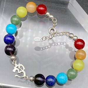 Om Charm Rainbow Chakra Gemstone Bracelet .925 Solid Sterling Silver